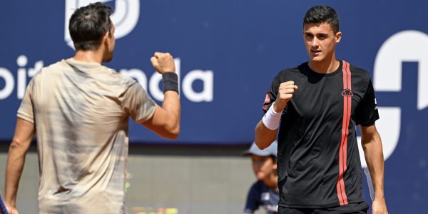 KITZBUEHEL,AUSTRIA,27.JUL.24 - TENNIS - ATP World Tour, Generali Open. Image shows the rejoicing of Andreas Mies (GER) and Alexander Erler (AUT). Photo: GEPA pictures/ Daniel Schoenherr