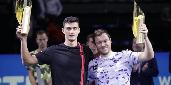 VIENNA,AUSTRIA,27.OCT.24 - TENNIS - ATP World Tour, Erste Bank Open. Image shows Alexander Erler and Lucas Miedler (AUT). Keywords: trophy. Photo: GEPA pictures/ Walter Luger