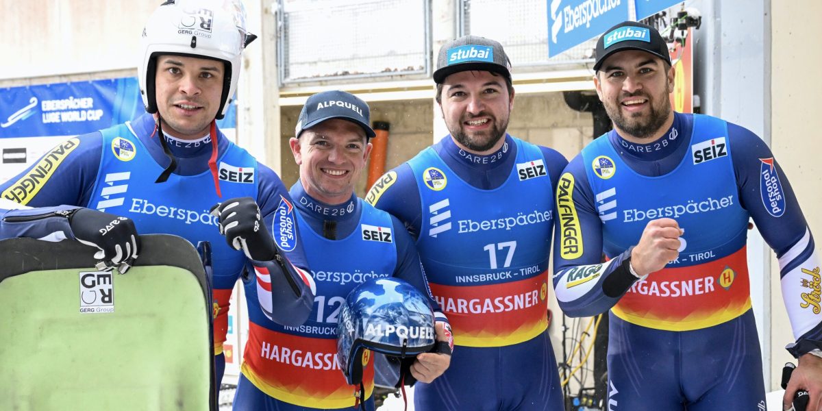 INNSBRUCK,AUSTRIA,08.DEC.24 - LUGE - FIL World Cup, artificial track, singles men. Image shows Jonas Mueller, Wolfgang Kindl, David Gleirscher and Nico Gleirscher (AUT). Photo: GEPA pictures/ Daniel Schoenherr