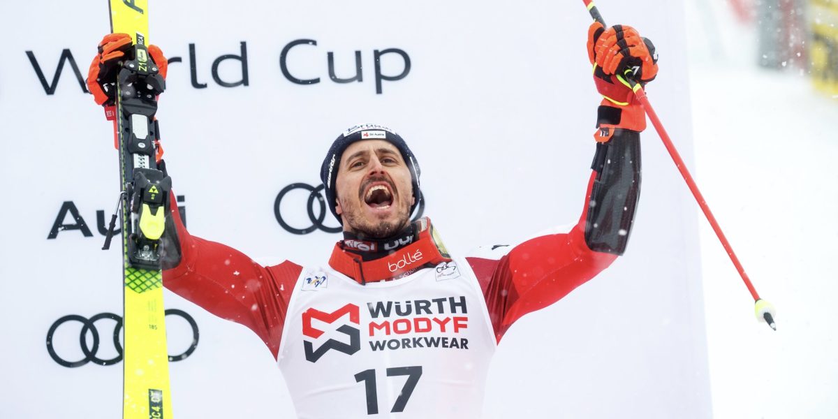 VAL D ISERE,FRANCE,14.DEC.24 - ALPINE SKIING - FIS World Cup, giant slalom, men, award ceremony. Image shows the rejoicing of Stefan Brennsteiner (AUT). Photo: GEPA pictures/ Matic Klansek